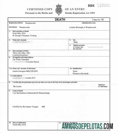 Registro de nascimentos e óbitos no Reino Unido da certidão de óbito de Wandsworth exemplo real